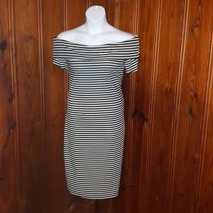 *sold* Blk & white striped off-shoulder midi dress